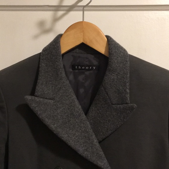 THEORY double breasted gray, wool lapel blazer 2 - Picture 2 of 5